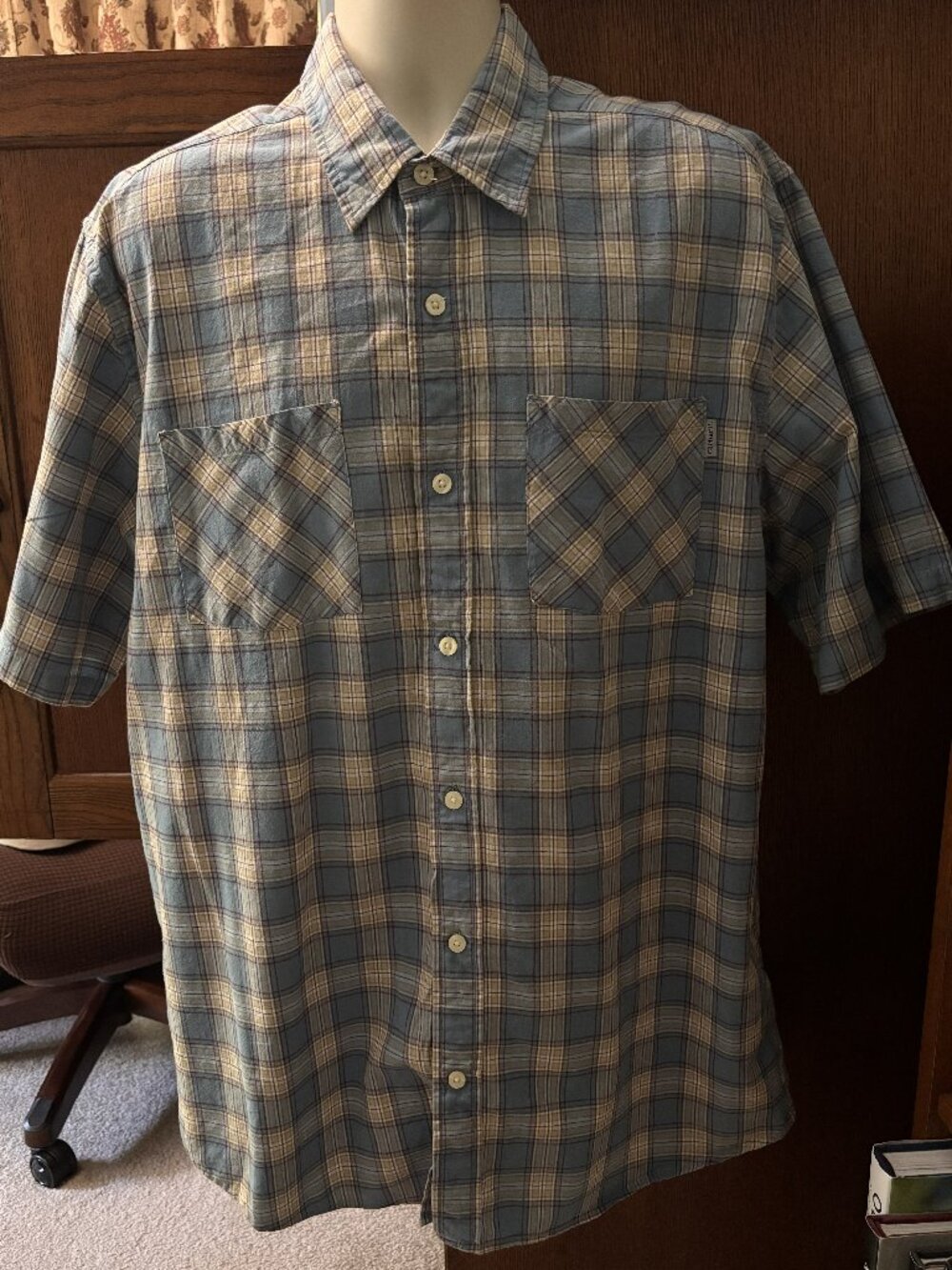 Carhartt Blue Plaid Short Sleeve Button Front Shirt Men's Large